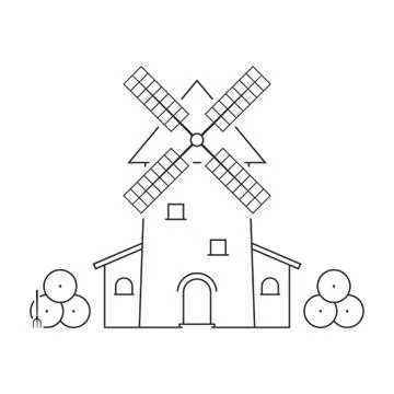 Thin line windmill with haystacks Stock Illustration
