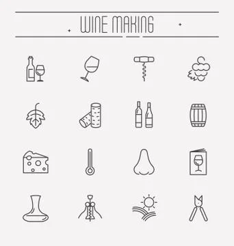 Thin line wine and wine making icons set isolated on white background. Illustrazione stock