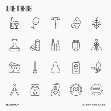 Thin line wine and wine making icons set isolated on white background. Stock Illustration
