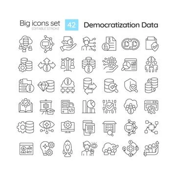 Thin linear icon set for data democratization 库存插图
