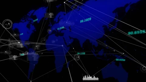Thin lines and nodes fading, target counting down, beam shooting to Europe, Stockbeeldmateriaal 312843947