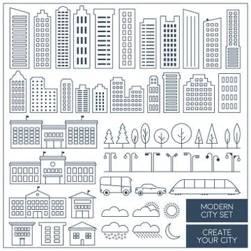 Thin lines city elements set. Urban landscape elements. 库存插图