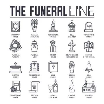 Thin lines collection icons set dedicated to funeral, death, and cemetery Stock Illustration