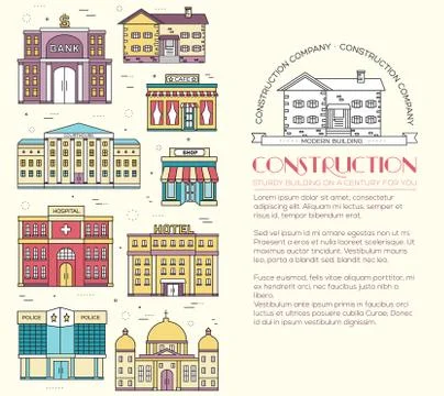 Thin lines colorful vector city buildings set. Icon background concept design Stock Illustration