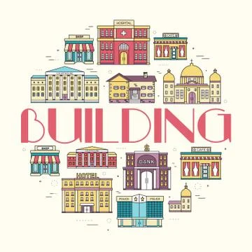 Thin lines colorful vector city buildings set. Icon background concept design Stock Illustration