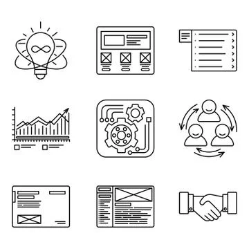 Thin lines icons set of development process, product creating and promotion Stock Illustration