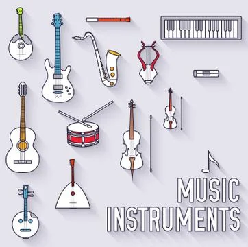 Thin lines outline music instruments icons pictograms Stock Illustration