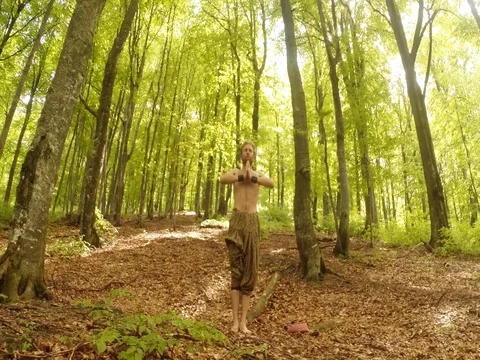 A thin man stands in a sunny dense forest and folds his hands in a gesture Stock Footage
