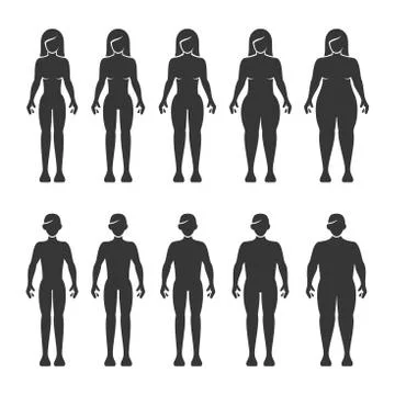 Thin, Normal, Fat, Overweight Man and Woman Body Figures. Vector イラスト素材
