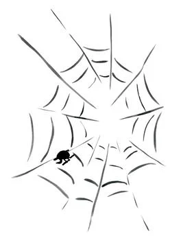 Thin openwork asymmetrical spider web with a small stylized bug Stock Illustration
