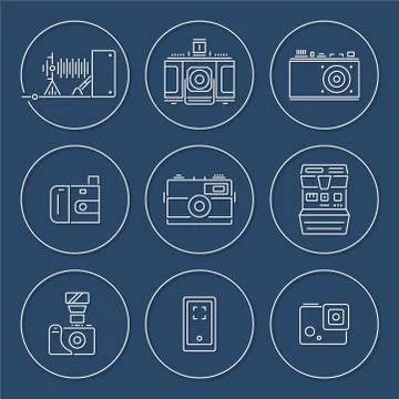 Thin outline camera icons in circle Stock Illustration