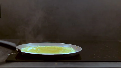 Thin Pancake Batter Frying In Hot Pan On Induction Stove Stock Footage 328293273