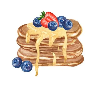 Thin pancakes with sweet maple syrup or honey and fresh raspberries and Stock Illustration