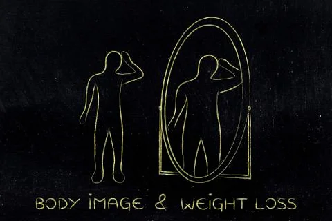 Thin person looking in the mirror and seeing himself as overweight Stock Illustration