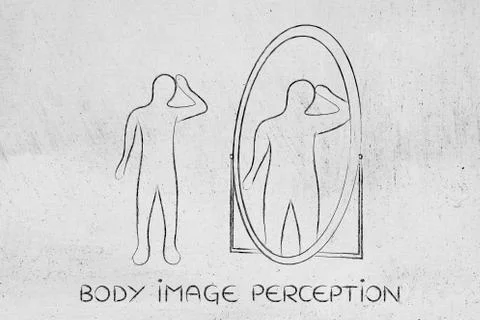 Thin person looking in the mirror and seeing himself as overweight Stock Illustration