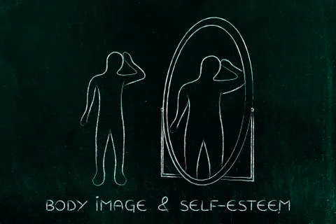 Thin person looking in the mirror and seeing himself as overweight Stock Illustration