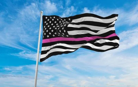 Thin Pink Line USA flag waving at cloudy sky background on sunset, panoramic  Stock Illustration