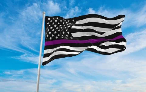 Thin Purple Line USA flag waving at cloudy sky background on sunset, panorami Stock Illustration