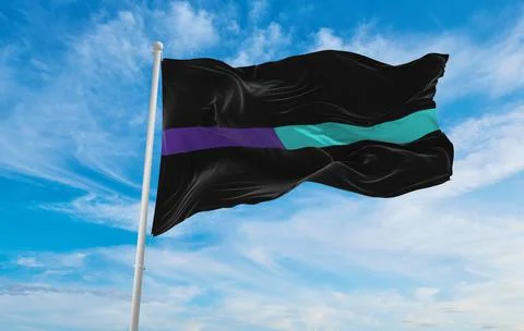 Thin Purple-Teal Line flag waving at cloudy sky background on sunset, panoram Stock Illustration