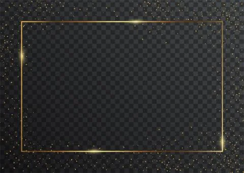 Thin rectangular golden geometric border and confetti on dark transparent 스톡 일러스트