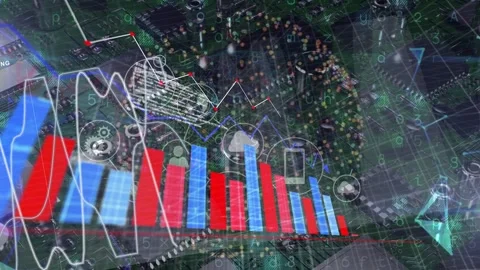 Thin red baseline rising PCB data growing bars tracing line icons orbiting Stock Footage 334883625