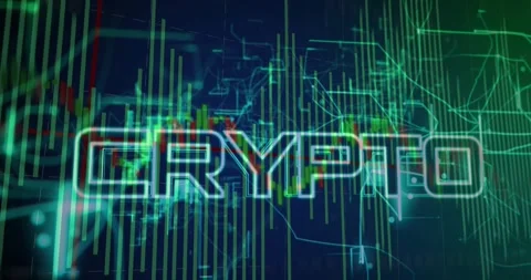 Thin red cursor sliding, CRYPTO letters forming, charts moving and pulsing, Stock Footage 321070914