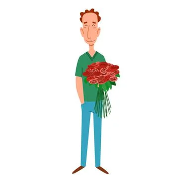 A thin, red-haired man with flowers in his hand. Vector illustration Stock Illustration