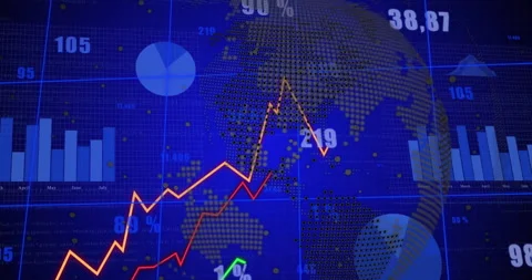 Thin red line emerging triggers dashboard animating map, bars trend lines rising 库存影片 313554746