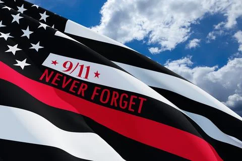 Thin red line firefighter flag on blue sky background. USA flag. Remembering, Stock Photos