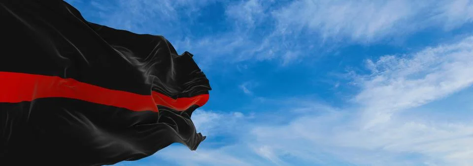 Thin Red Line flag waving at cloudy sky background on sunset, panoramic view. Stock Illustration