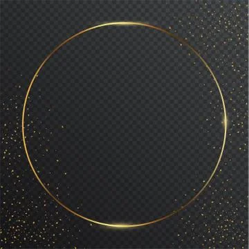 Thin round golden geometric border and confetti on dark transparent background Ilustración de archivo