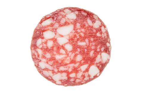 Thin salami sausage slice texture isolated on white background top view macro Stock Photos