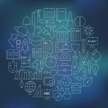 Thin School and Education Line Knowledge Icons Set Circle Shaped Stock Illustration