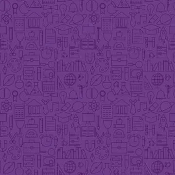 Thin School Line Education Knowledge Purple Seamless Pattern 스톡 일러스트