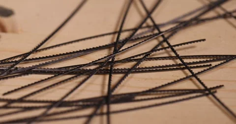 Thin sharp metal wood saw blades, multiple metal brittle woodworking blades, Vídeos de archivo 308194475