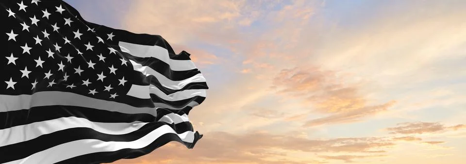 Thin Silver Line USA flag waving at cloudy sky background on sunset, panorami Stock Illustration