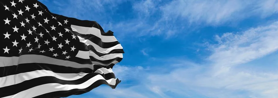 Thin Silver Line USA flag waving at cloudy sky background on sunset, panorami Stock Illustration