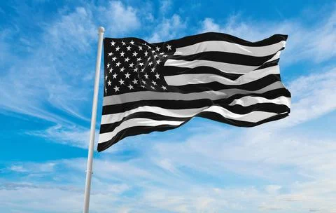 Thin Silver Line USA flag waving at cloudy sky background on sunset, panorami Stock Illustration