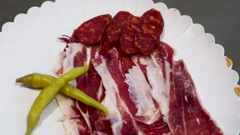 Thin slices of ham and chorizo sausage Stock Footage 310739463