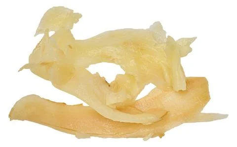 Thin slices of pickled ginger on isolated background, traditional spicy snack Stock Photos