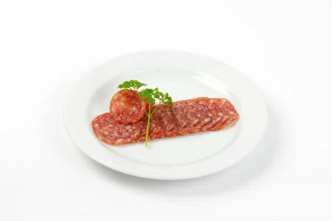 Thin slices of salami Stock Photos