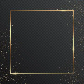 Thin square golden geometric border and confetti on dark transparent background イラスト素材