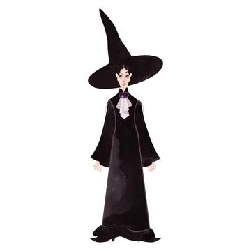 A thin, stern, middle-aged witch in an elegant black satin dress Stock Illustration