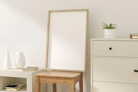 Thin Vertical Wooden Frame Mockup with Minimalist Design. 3D render. Stock Illustration