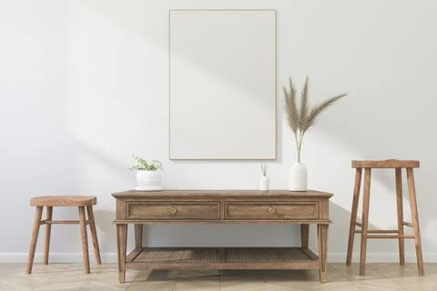 Thin Vertical Wooden Frame Mockup with Minimalist Design on Light Wall. 3D .. Stock Illustration