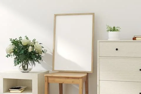Thin Vertical Wooden Frame Mockup with Minimalist Design. 3D render. Stock-Illustration