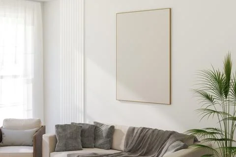 Thin Vertical Wooden Frame Mockup with Minimalist Design on Light Wall. 3D .. Stock-Illustration