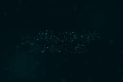 A thin wave of glowing connected particles floats through a dark atmospheri.. Stock Illustration