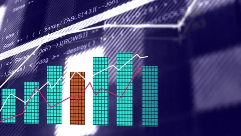 Thin white data line appearing, turquoise bars rising, orange marks marking data Stockbeeldmateriaal 332613807