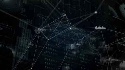 Thin white points appearing over wireframe world map forming nodes and lines Stock Footage 320089310